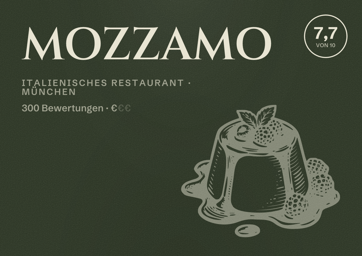 Illustriertes Poster von MOZZAMO, Italienisches Restaurant in München: Bewertung 7,7 von 10 aus 300 Bewertungen, Preisniveau €