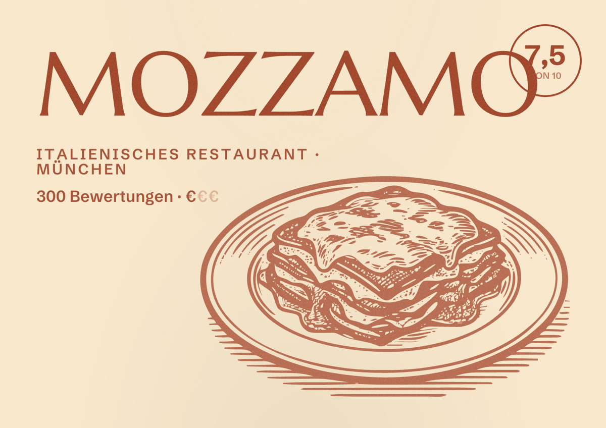 Illustriertes Poster von MOZZAMO, Italienisches Restaurant in München: Bewertung 7,5 von 10 aus 300 Bewertungen, Preisniveau €