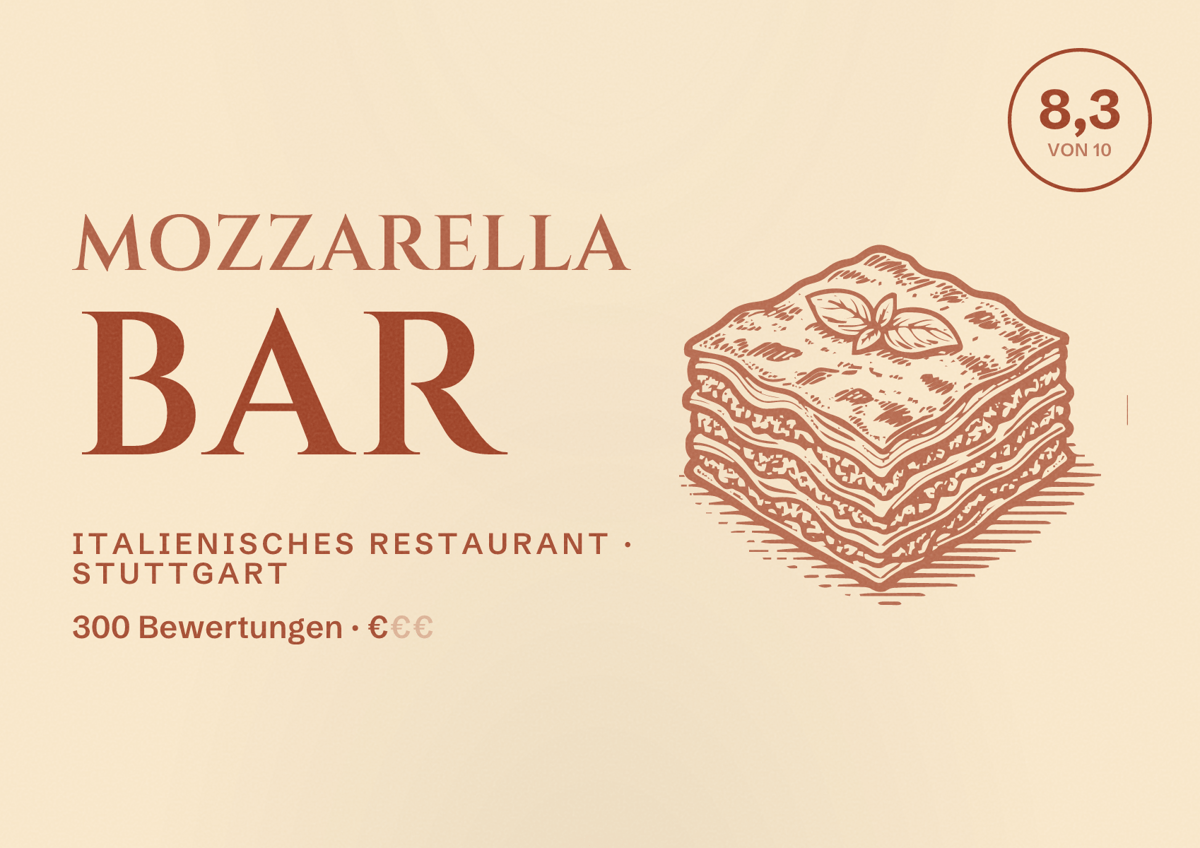 Illustriertes Poster von Mozzarella Bar, Italienisches Restaurant in Stuttgart: Bewertung 8,3 von 10 aus 300 Bewertungen, Preisniveau €