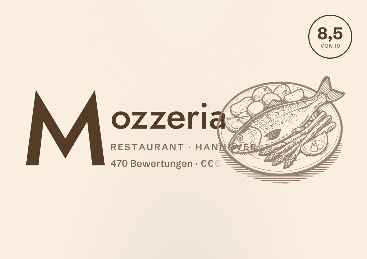 Illustriertes Poster von Mozzeria, Restaurant in Hannover: Bewertung 8,5 von 10 aus 470 Bewertungen, Preisniveau €€