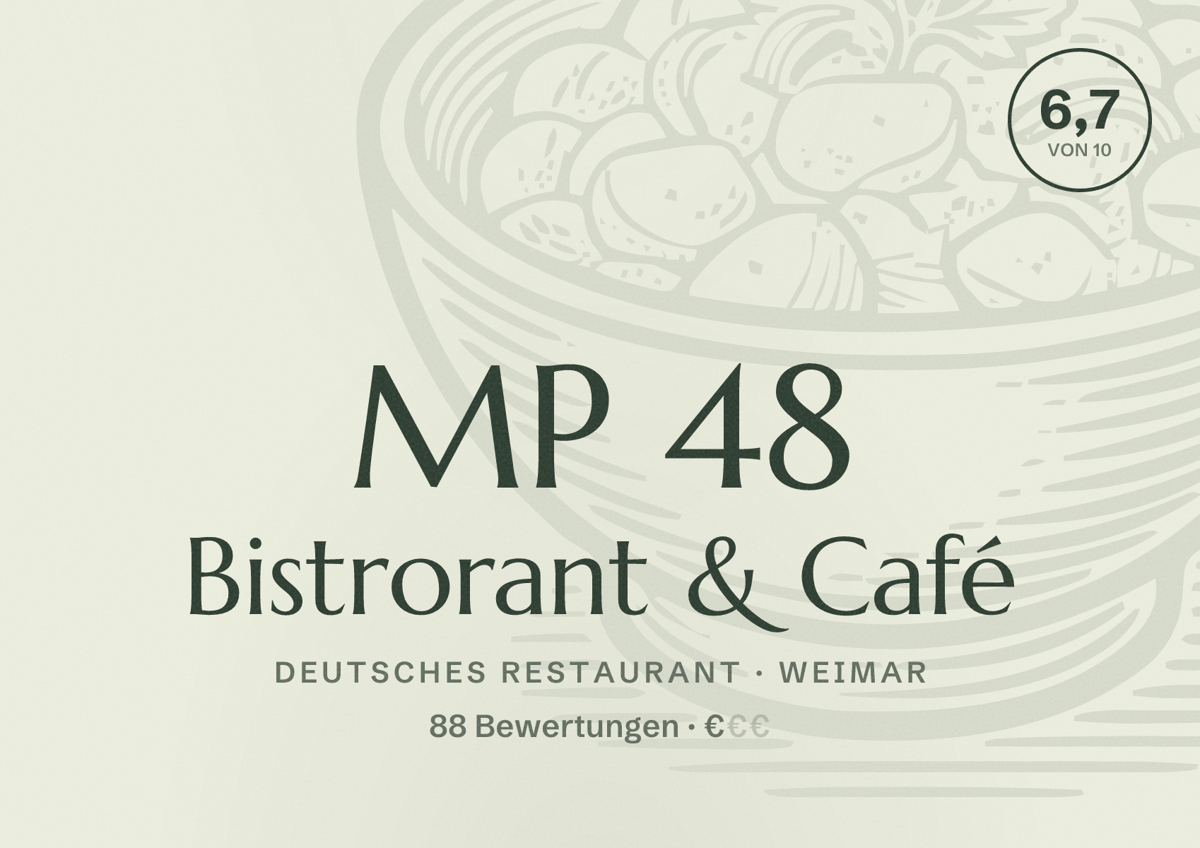 Illustriertes Poster von MP 48 Bistrorant & Café, Deutsches Restaurant in Weimar: Bewertung 6,7 von 10 aus 88 Bewertungen, Preisniveau €