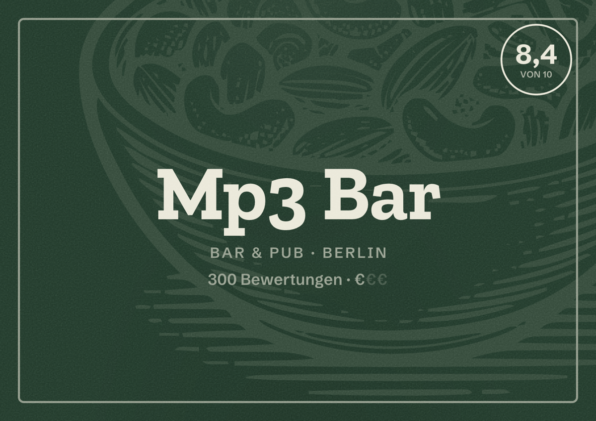 Illustriertes Poster von Mp3 Bar, Bar & Pub in Berlin: Bewertung 8,4 von 10 aus 300 Bewertungen, Preisniveau €