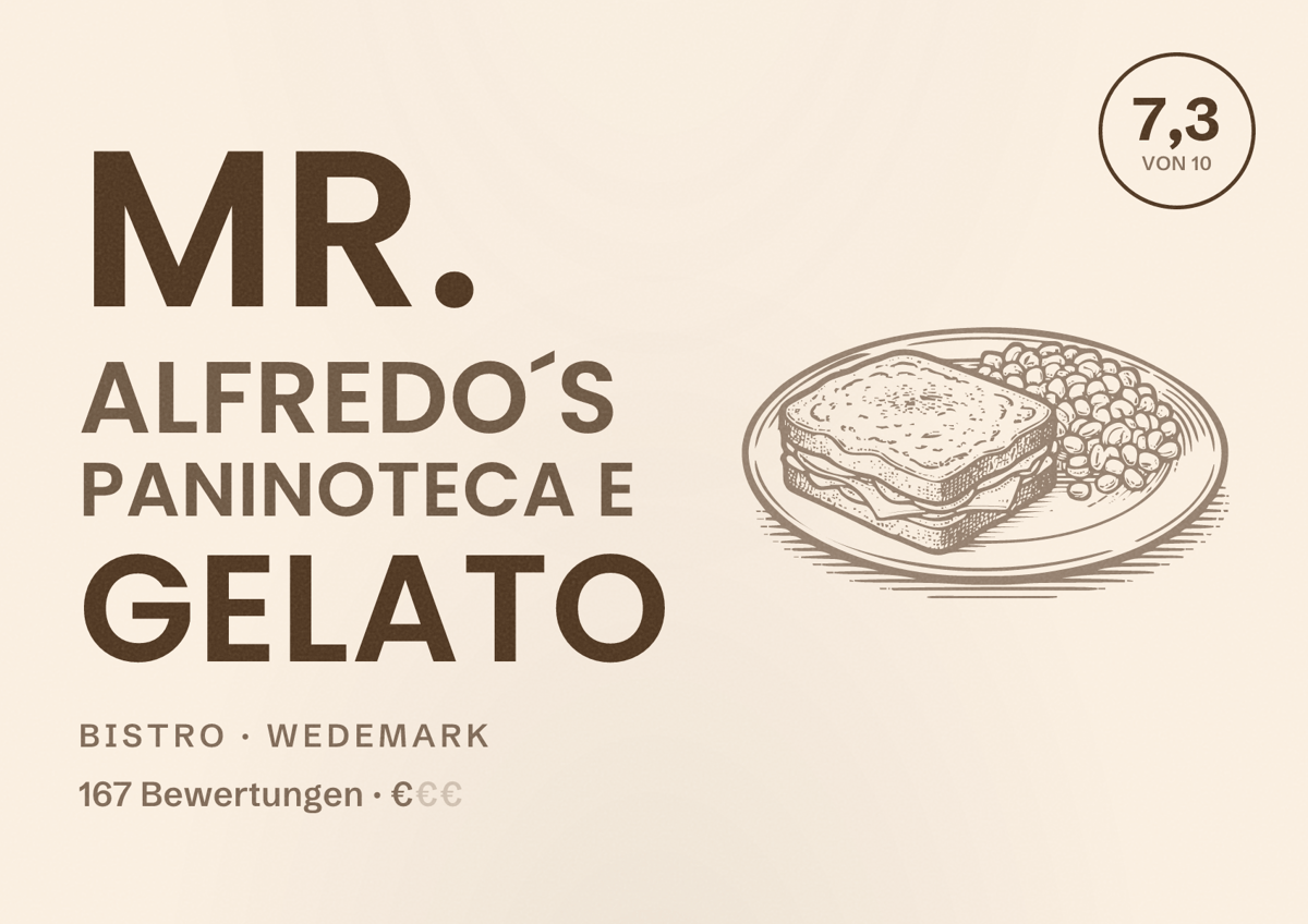 Illustriertes Poster von Mr. Alfredo´s Paninoteca e Gelato, Bistro in Wedemark: Bewertung 7,3 von 10 aus 167 Bewertungen, Preisniveau €