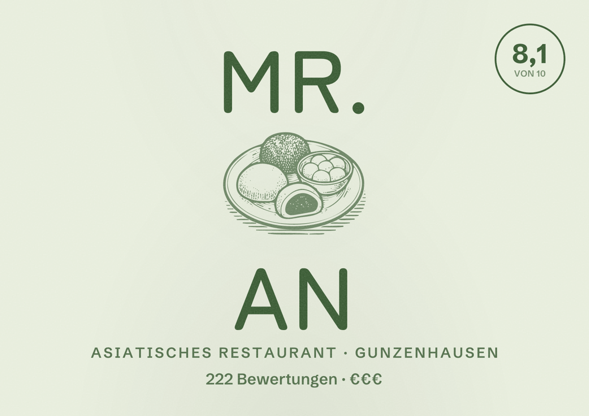 Illustriertes Poster von Mr. AN, Asiatisches Restaurant in Gunzenhausen: Bewertung 8,1 von 10 aus 222 Bewertungen, Preisniveau €€€