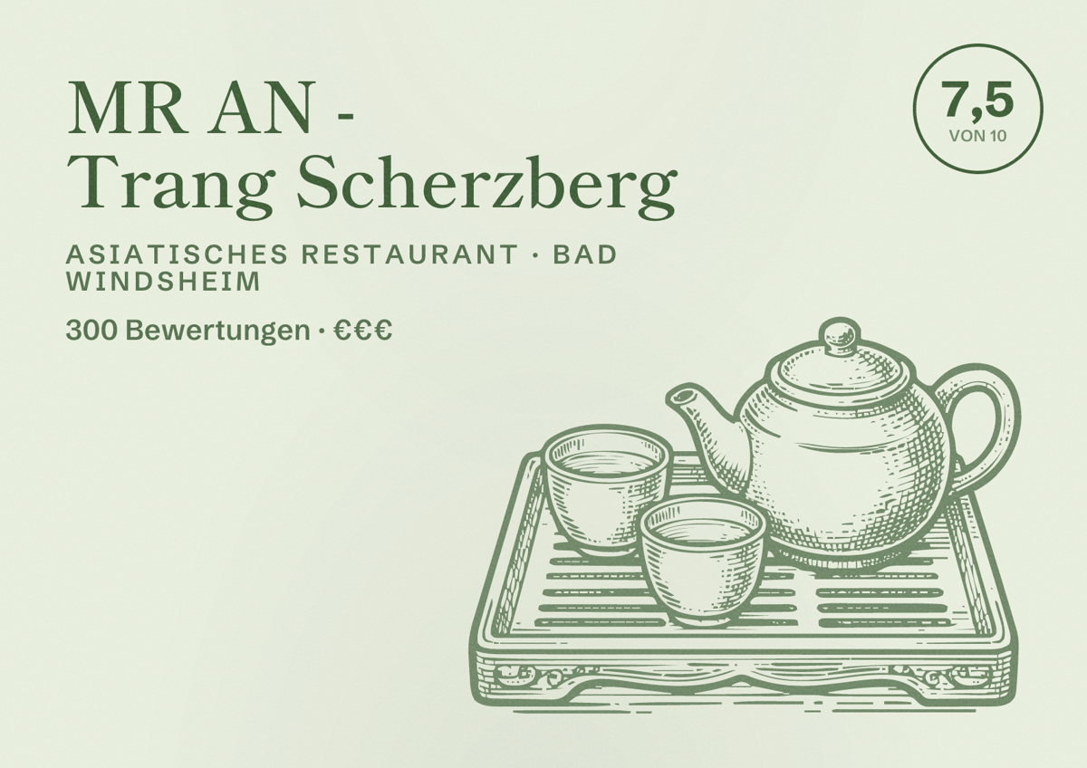 Illustriertes Poster von MR AN - Trang Scherzberg, Asiatisches Restaurant in Bad Windsheim: Bewertung 7,5 von 10 aus 300 Bewertungen, Preisniveau €€€
