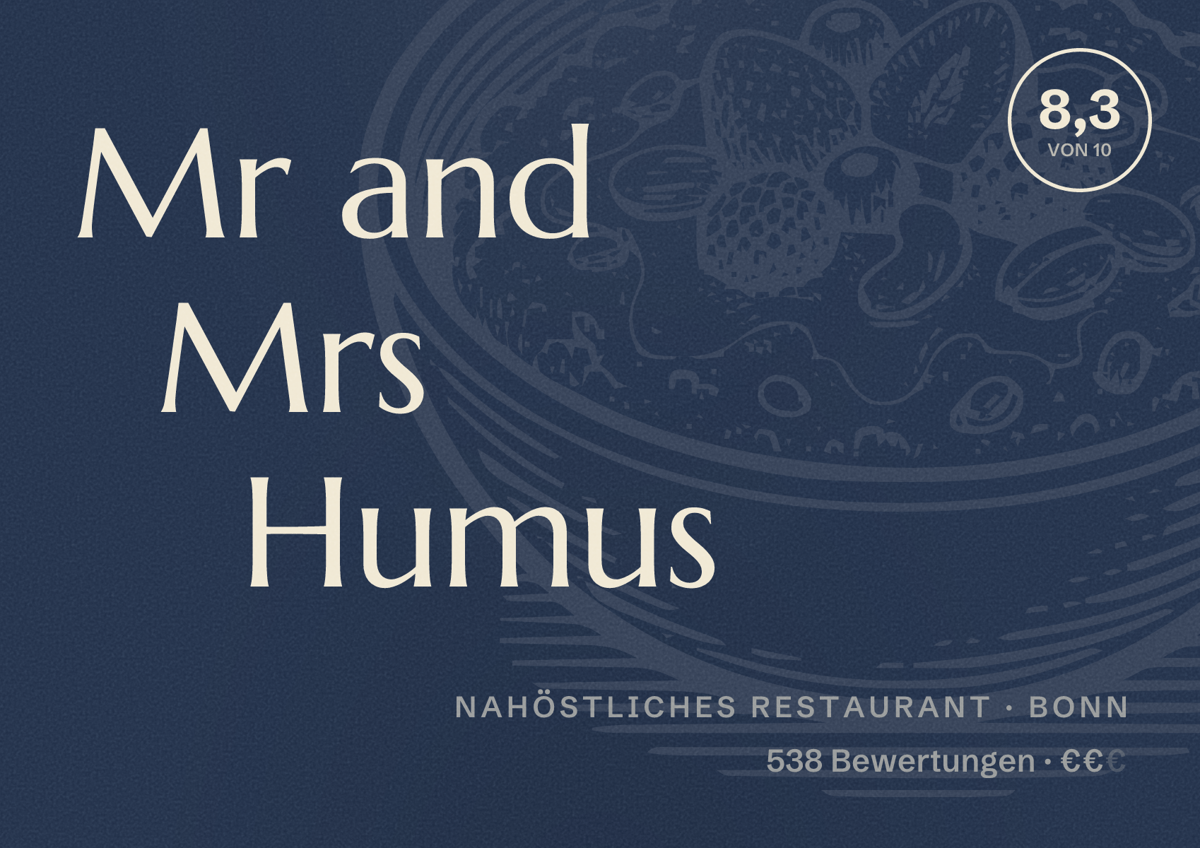 Illustriertes Poster von Mr and Mrs Humus, Nahöstliches Restaurant in Bonn: Bewertung 8,3 von 10 aus 538 Bewertungen, Preisniveau €€