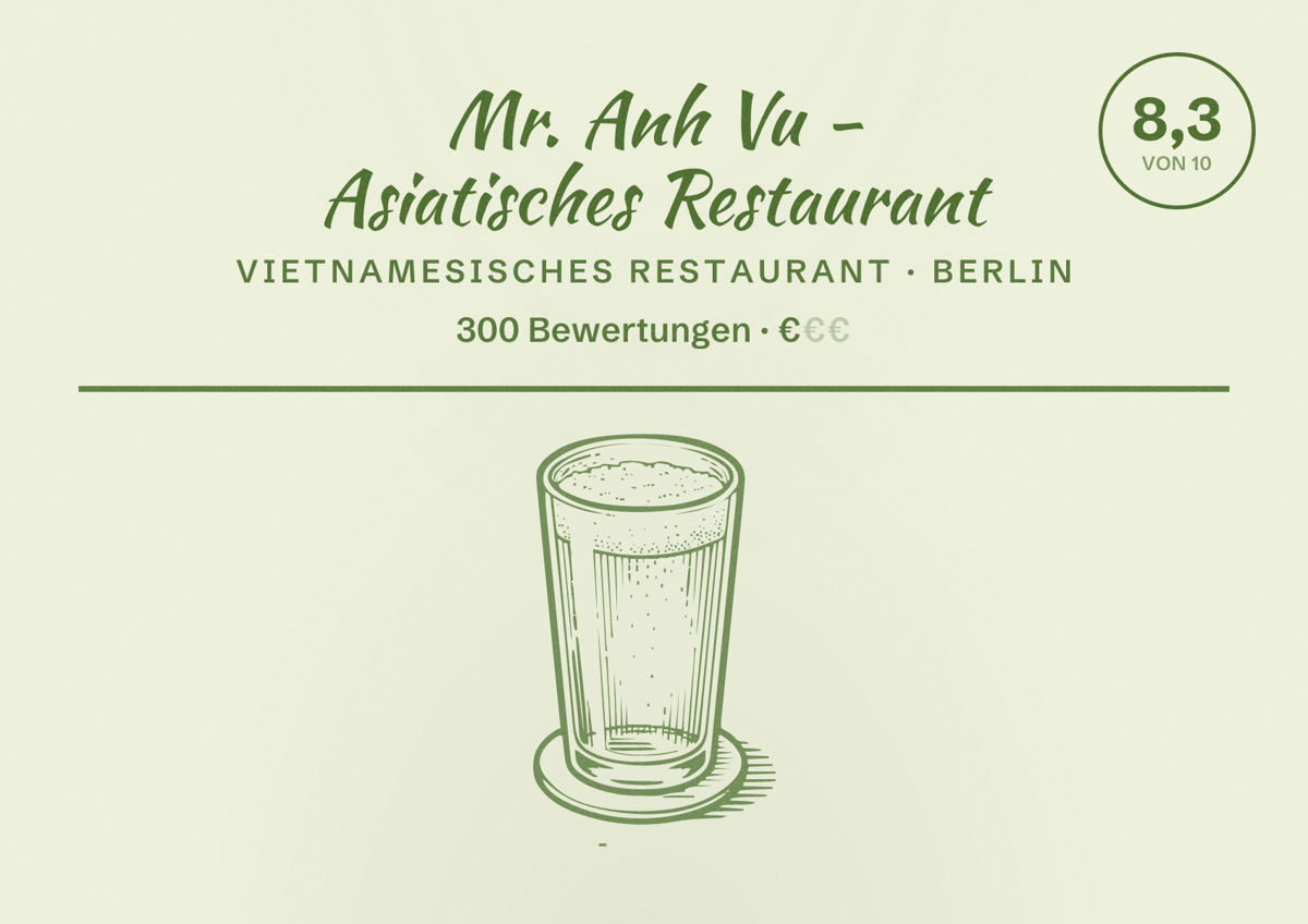 Illustriertes Poster von Mr. Anh Vu - Asiatisches Restaurant, Vietnamesisches Restaurant in Berlin: Bewertung 8,3 von 10 aus 300 Bewertungen, Preisniveau €