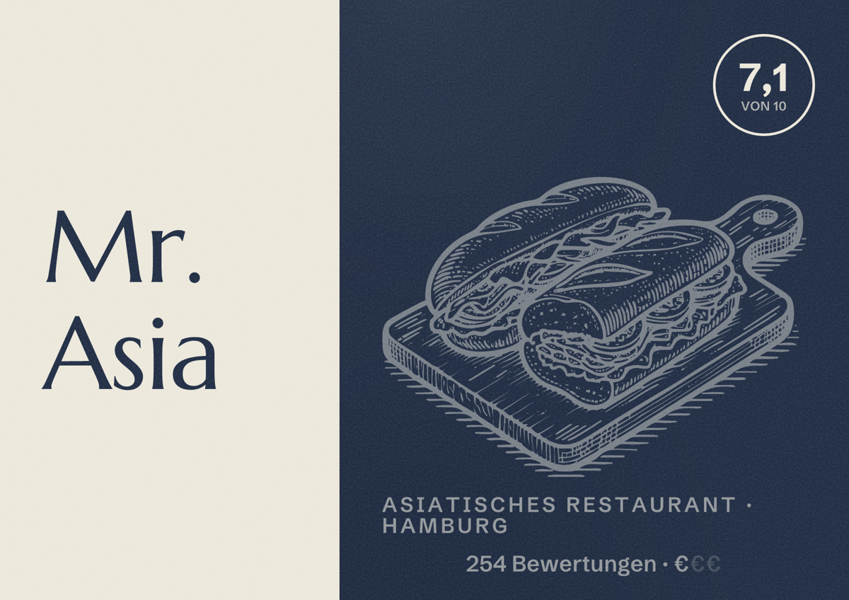 Illustriertes Poster von Mr. Asia, Asiatisches Restaurant in Hamburg: Bewertung 7,1 von 10 aus 254 Bewertungen, Preisniveau €