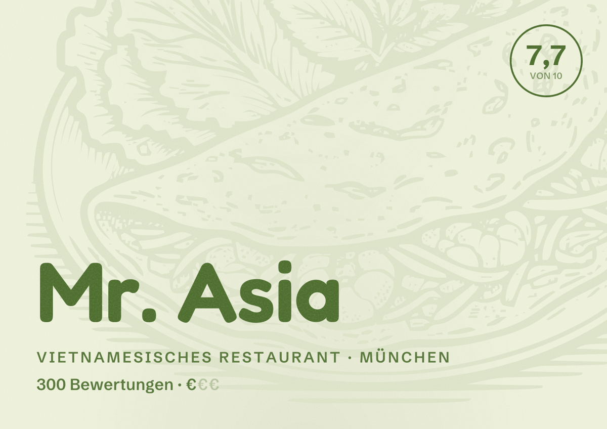 Illustriertes Poster von Mr. Asia, Vietnamesisches Restaurant in München: Bewertung 7,7 von 10 aus 300 Bewertungen, Preisniveau €