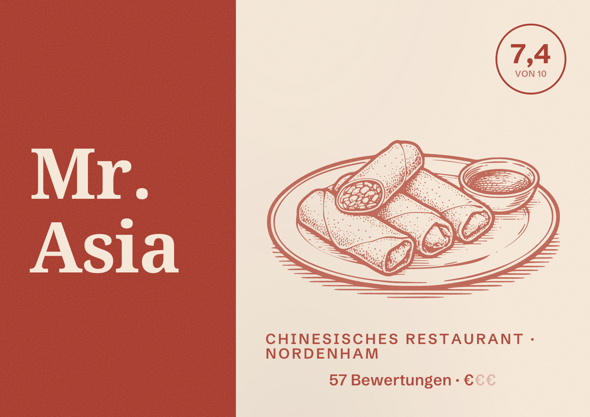 Illustriertes Poster von Mr. Asia, Chinesisches Restaurant in Nordenham: Bewertung 7,4 von 10 aus 57 Bewertungen, Preisniveau €