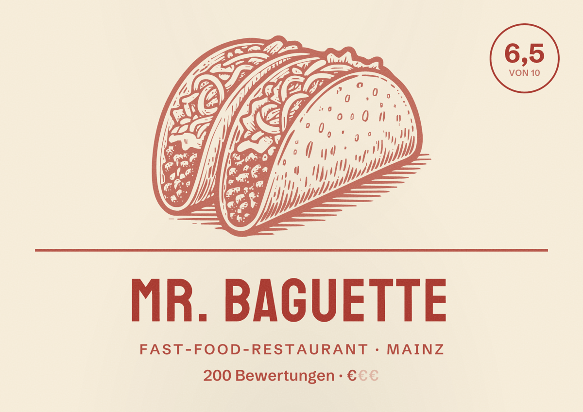 Illustriertes Poster von Mr. Baguette, Fast-Food-Restaurant in Mainz: Bewertung 6,5 von 10 aus 200 Bewertungen, Preisniveau €
