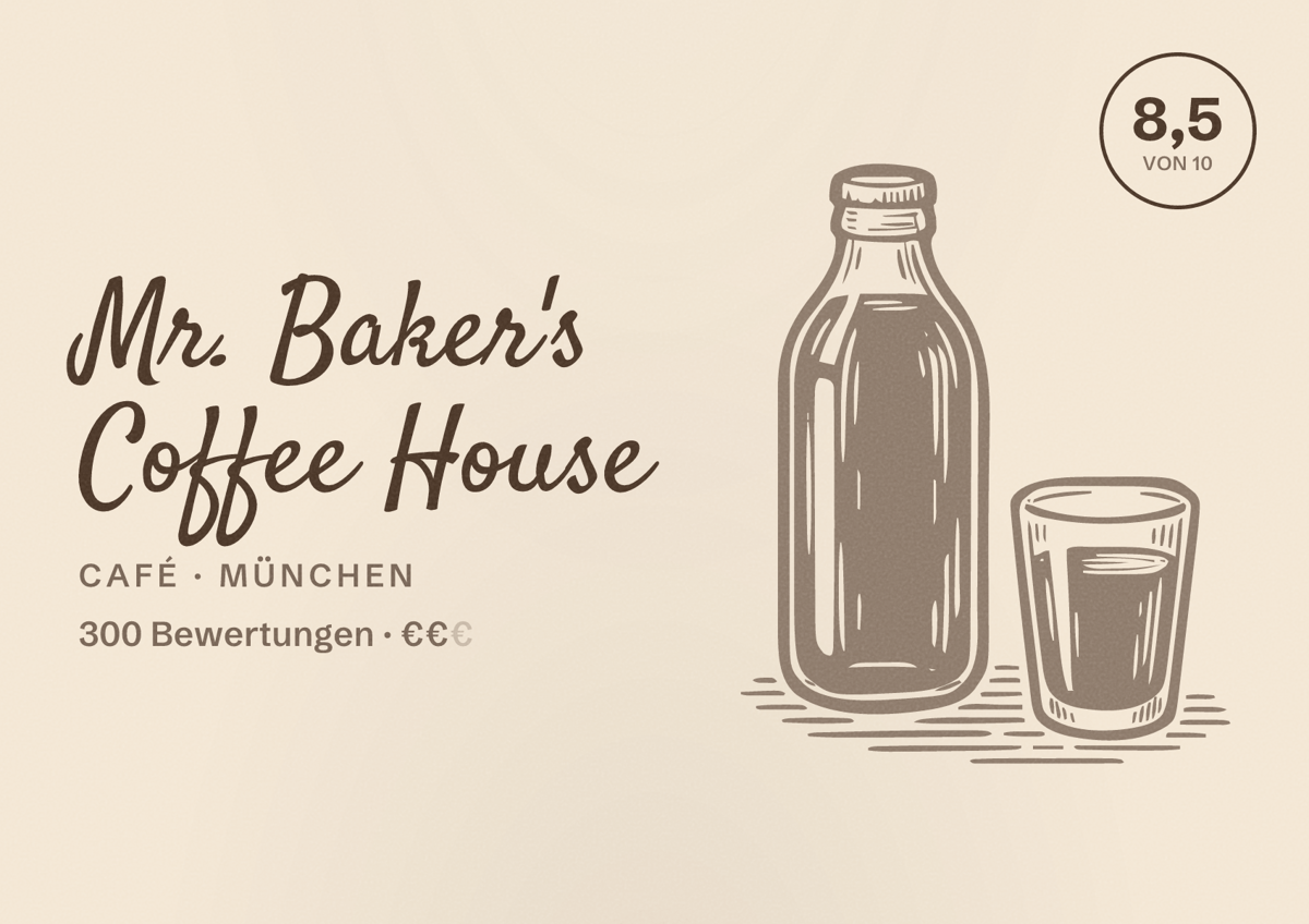 Illustriertes Poster von Mr. Baker's Coffee House, Café in München: Bewertung 8,5 von 10 aus 300 Bewertungen, Preisniveau €€