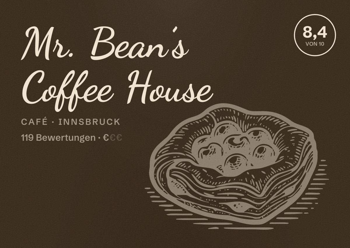 Illustriertes Poster von Mr. Bean’s Coffee House, Café in Innsbruck: Bewertung 8,4 von 10 aus 119 Bewertungen, Preisniveau €