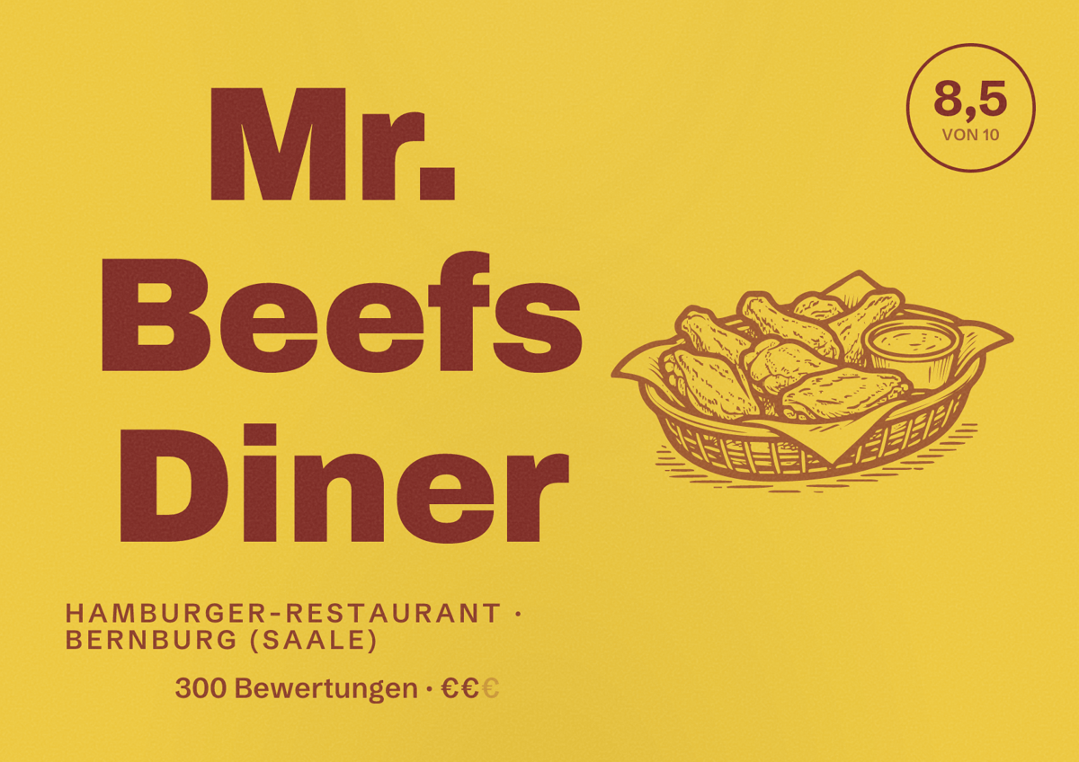 Illustriertes Poster von Mr. Beefs Diner, Hamburger-Restaurant in Bernburg (Saale): Bewertung 8,5 von 10 aus 300 Bewertungen, Preisniveau €€