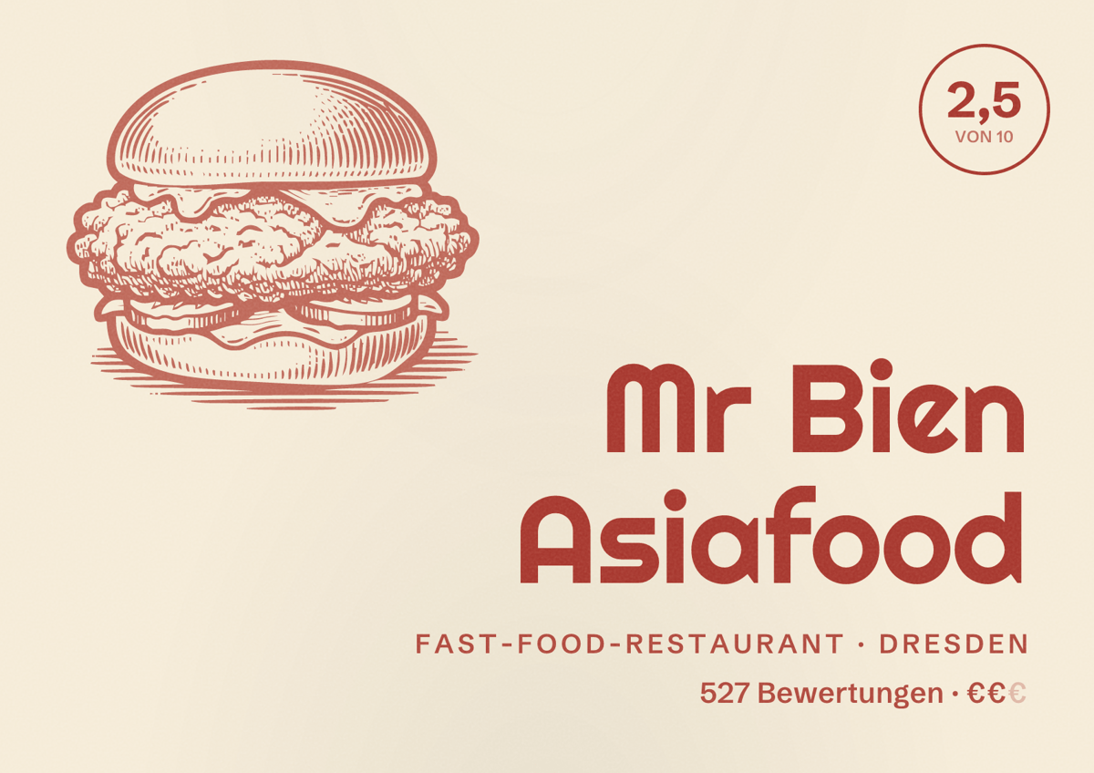 Illustriertes Poster von Mr Bien Asiafood, Fast-Food-Restaurant in Dresden: Bewertung 2,5 von 10 aus 527 Bewertungen, Preisniveau €€