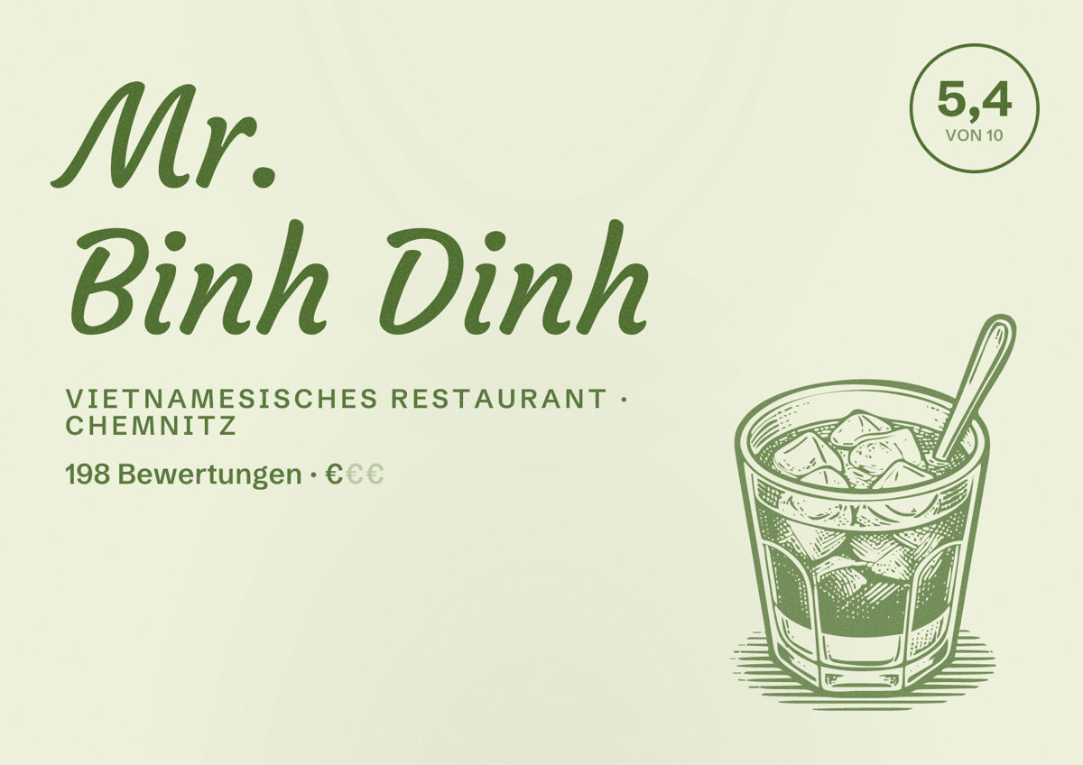 Illustriertes Poster von Mr. Binh Dinh, Vietnamesisches Restaurant in Chemnitz: Bewertung 5,4 von 10 aus 198 Bewertungen, Preisniveau €