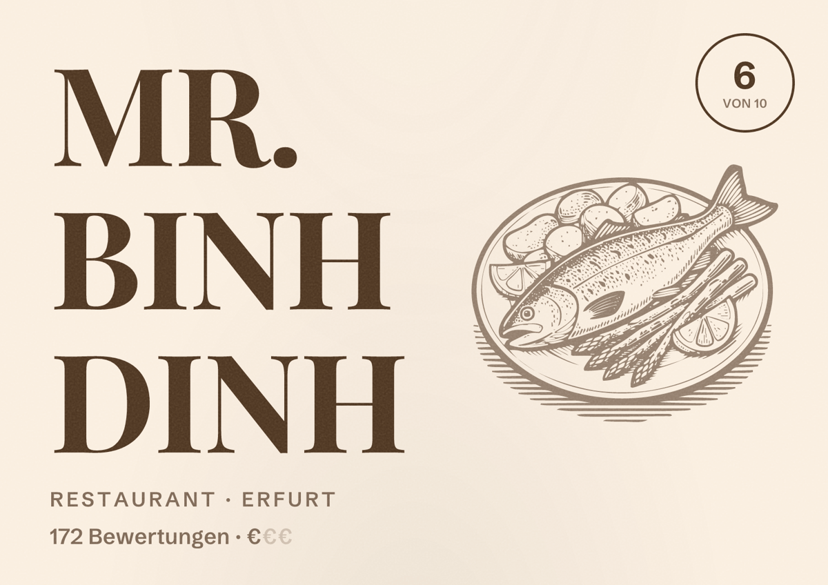 Illustriertes Poster von MR. BINH DINH, Restaurant in Erfurt: Bewertung 6,0 von 10 aus 172 Bewertungen, Preisniveau €