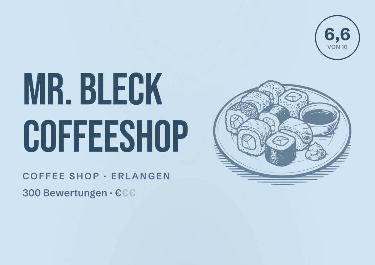 Illustriertes Poster von Mr. Bleck Coffeeshop, Coffee Shop in Erlangen: Bewertung 6,6 von 10 aus 300 Bewertungen, Preisniveau €