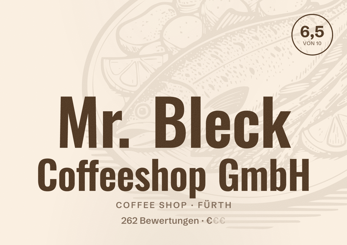 Illustriertes Poster von Mr. Bleck Coffeeshop GmbH, Coffee Shop in Fürth: Bewertung 6,5 von 10 aus 262 Bewertungen, Preisniveau €