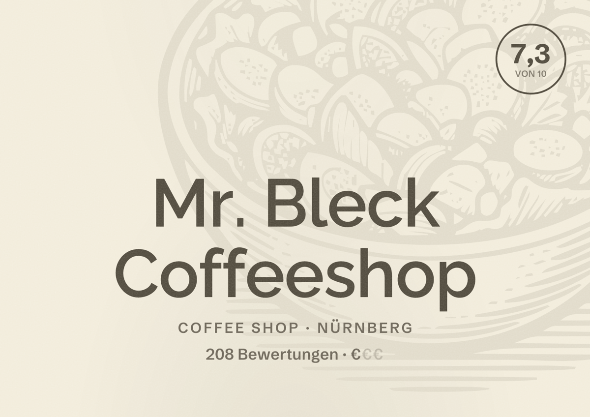 Illustriertes Poster von Mr. Bleck Coffeeshop, Coffee Shop in Nürnberg: Bewertung 7,3 von 10 aus 208 Bewertungen, Preisniveau €