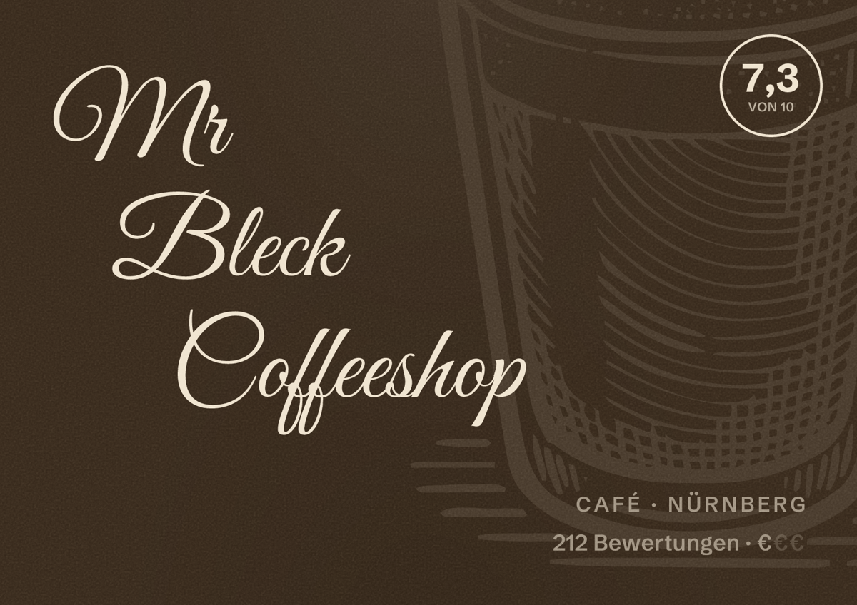 Illustriertes Poster von Mr Bleck Coffeeshop, Café in Nürnberg: Bewertung 7,3 von 10 aus 212 Bewertungen, Preisniveau €