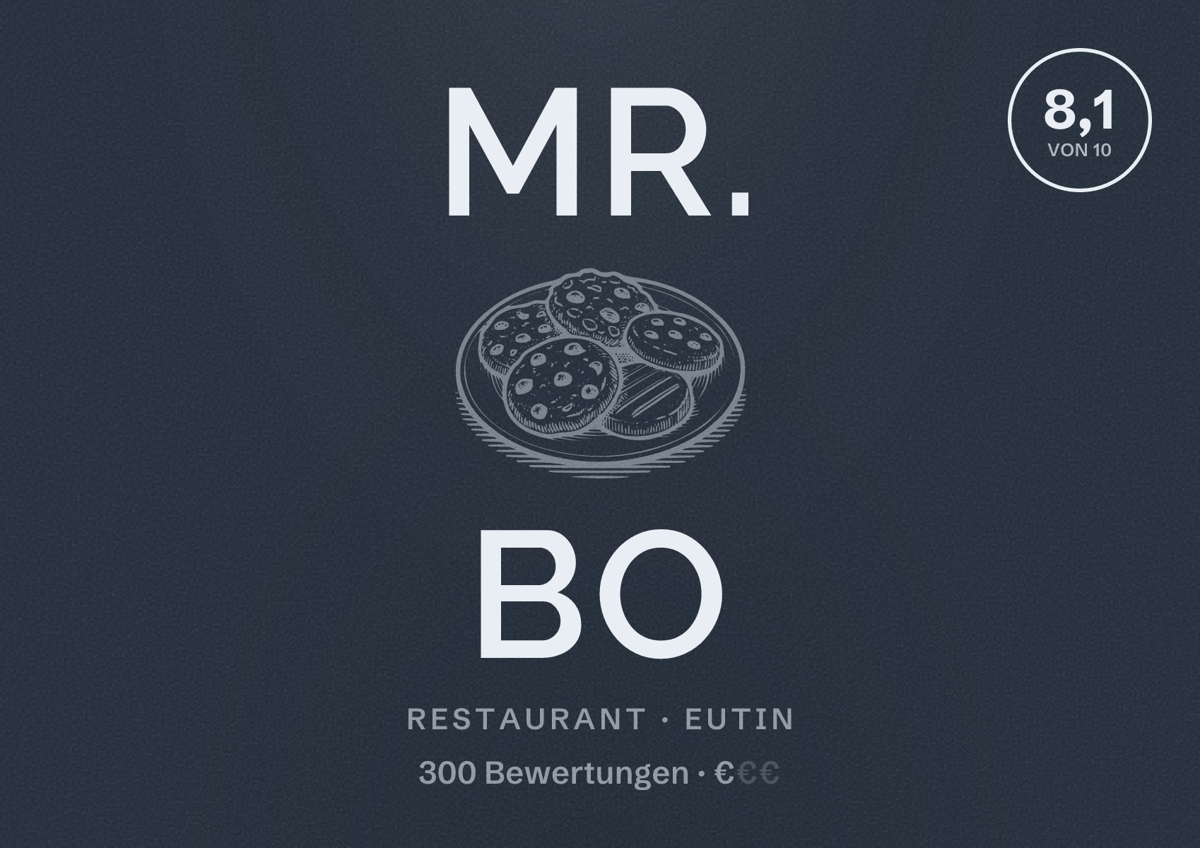 Illustriertes Poster von Mr. Bo, Restaurant in Eutin: Bewertung 8,1 von 10 aus 300 Bewertungen, Preisniveau €