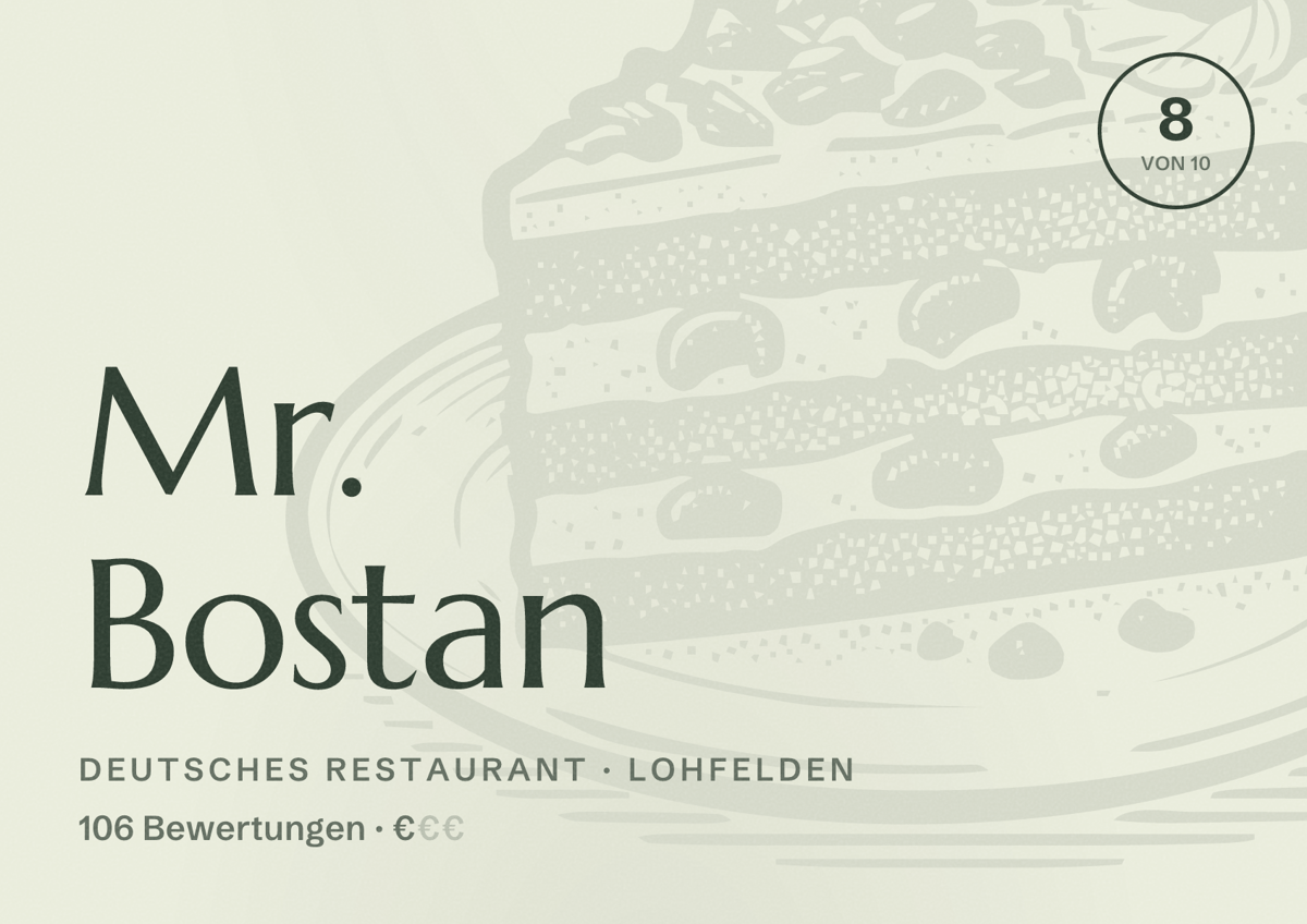 Illustriertes Poster von Mr. Bostan, Deutsches Restaurant in Lohfelden: Bewertung 8 von 10 aus 106 Bewertungen, Preisniveau €