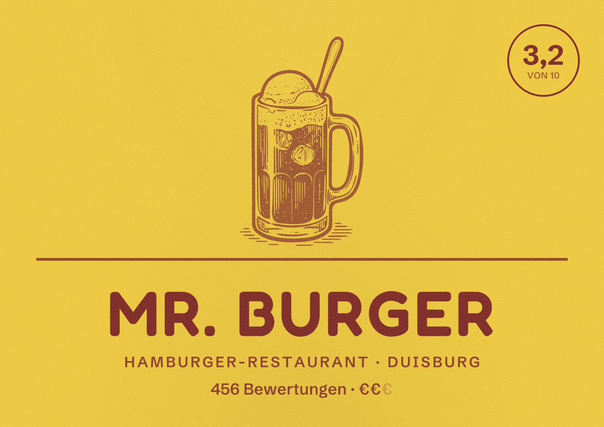 Illustriertes Poster von Mr. Burger, Hamburger-Restaurant in Duisburg: Bewertung 3,2 von 10 aus 456 Bewertungen, Preisniveau €€