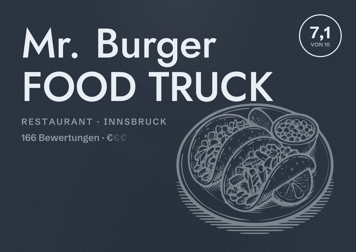 Illustriertes Poster von Mr. Burger FOOD TRUCK, Restaurant in Innsbruck: Bewertung 7,1 von 10 aus 166 Bewertungen, Preisniveau €