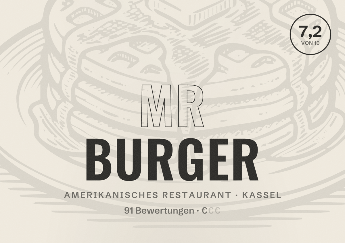 Illustriertes Poster von Mr Burger, Amerikanisches Restaurant in Kassel: Bewertung 7,2 von 10 aus 91 Bewertungen, Preisniveau €