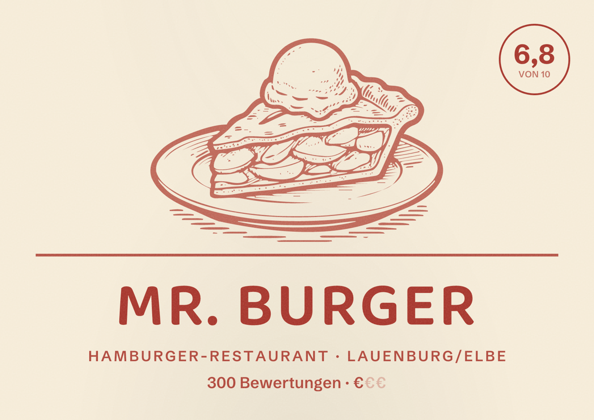 Illustriertes Poster von Mr. Burger, Hamburger-Restaurant in Lauenburg/Elbe: Bewertung 6,8 von 10 aus 300 Bewertungen, Preisniveau €
