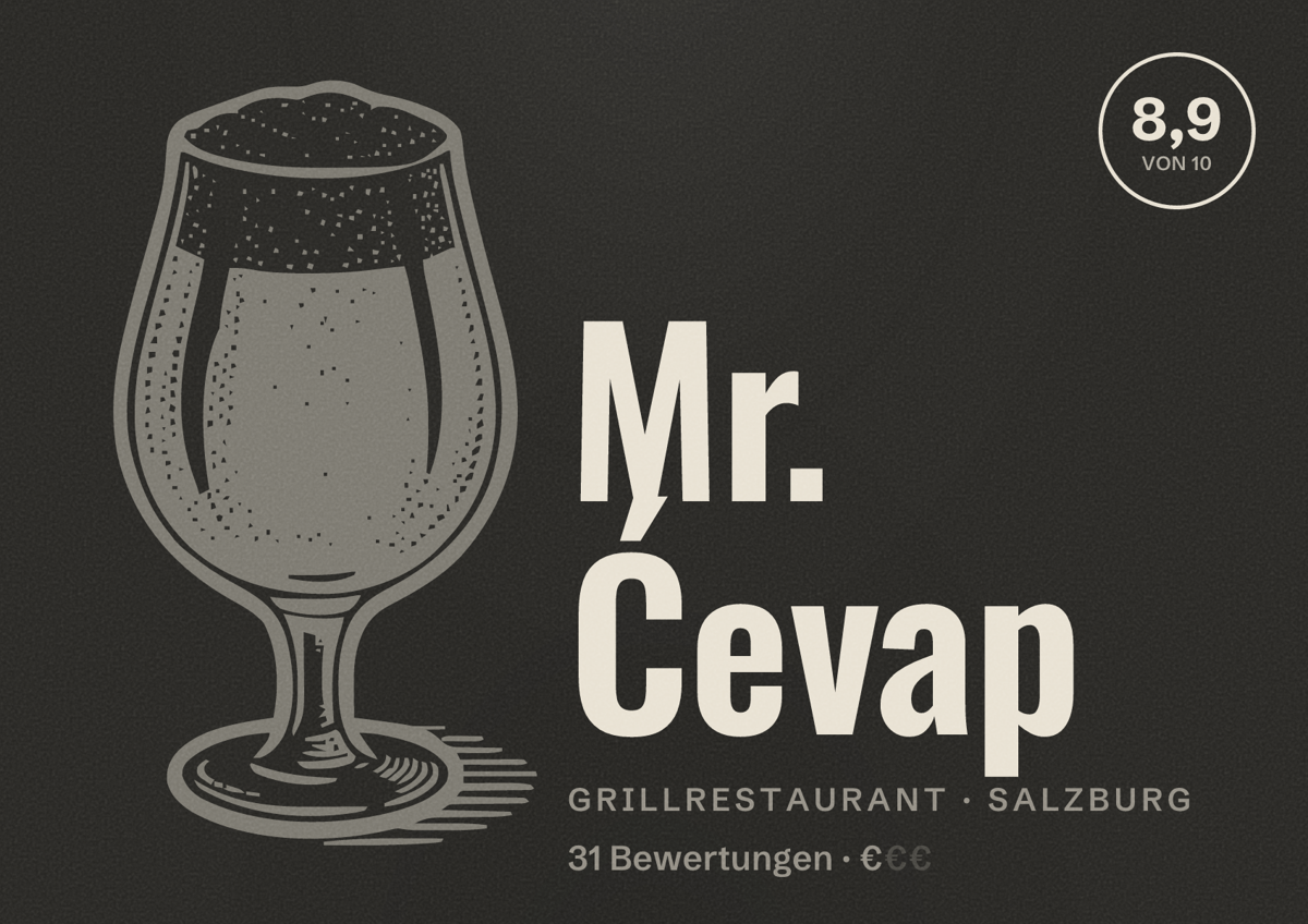 Illustriertes Poster von Mr. Ćevap, Grillrestaurant in Salzburg: Bewertung 8,9 von 10 aus 31 Bewertungen, Preisniveau €