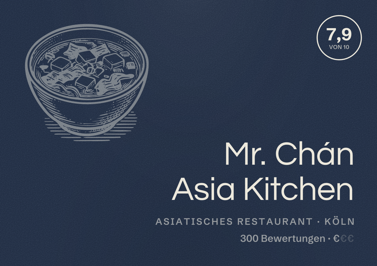 Illustriertes Poster von Mr. Chán Asia Kitchen, Asiatisches Restaurant in Köln: Bewertung 7,9 von 10 aus 300 Bewertungen, Preisniveau €