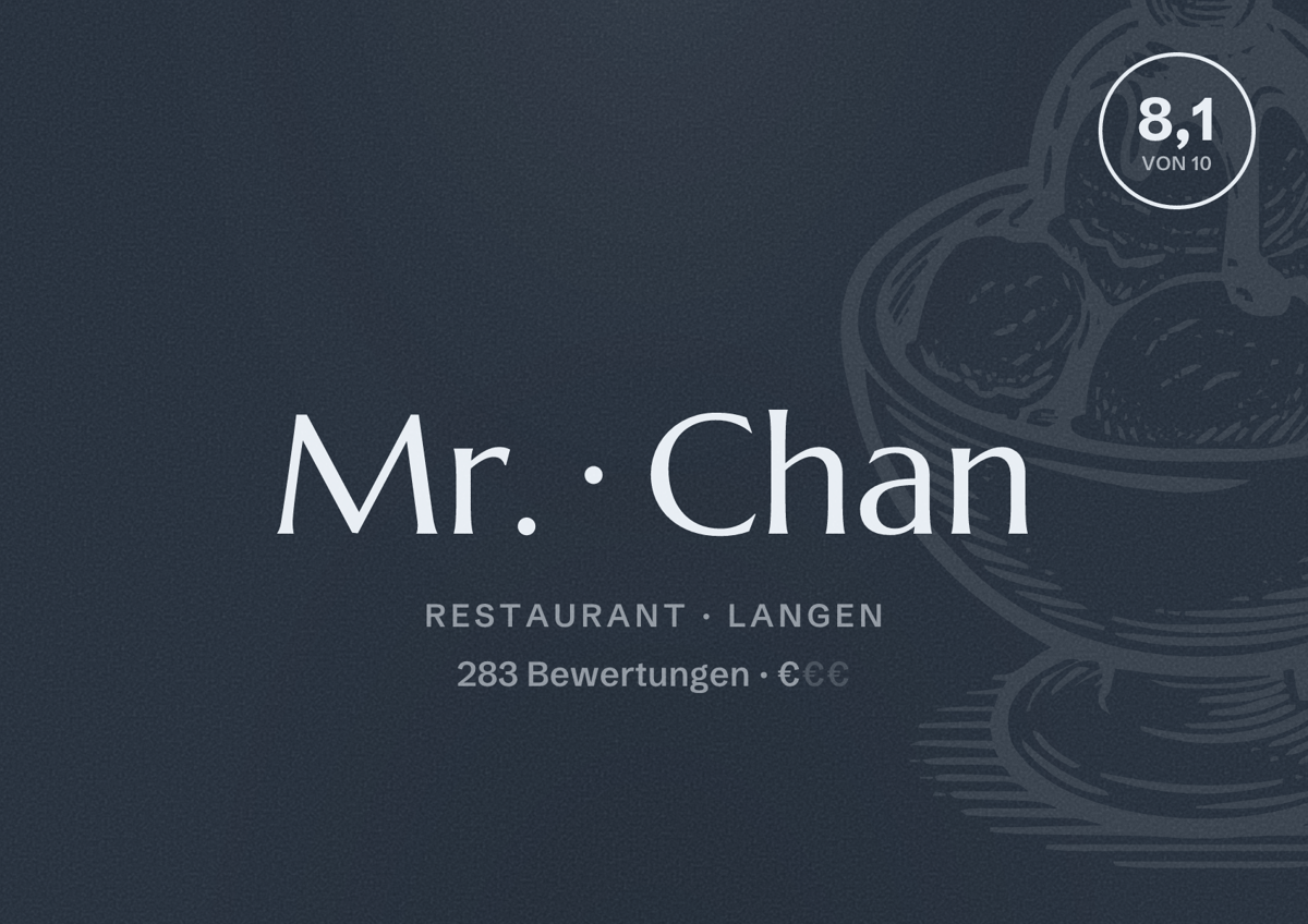 Illustriertes Poster von Mr. Chan, Restaurant in Langen: Bewertung 8,1 von 10 aus 283 Bewertungen, Preisniveau €