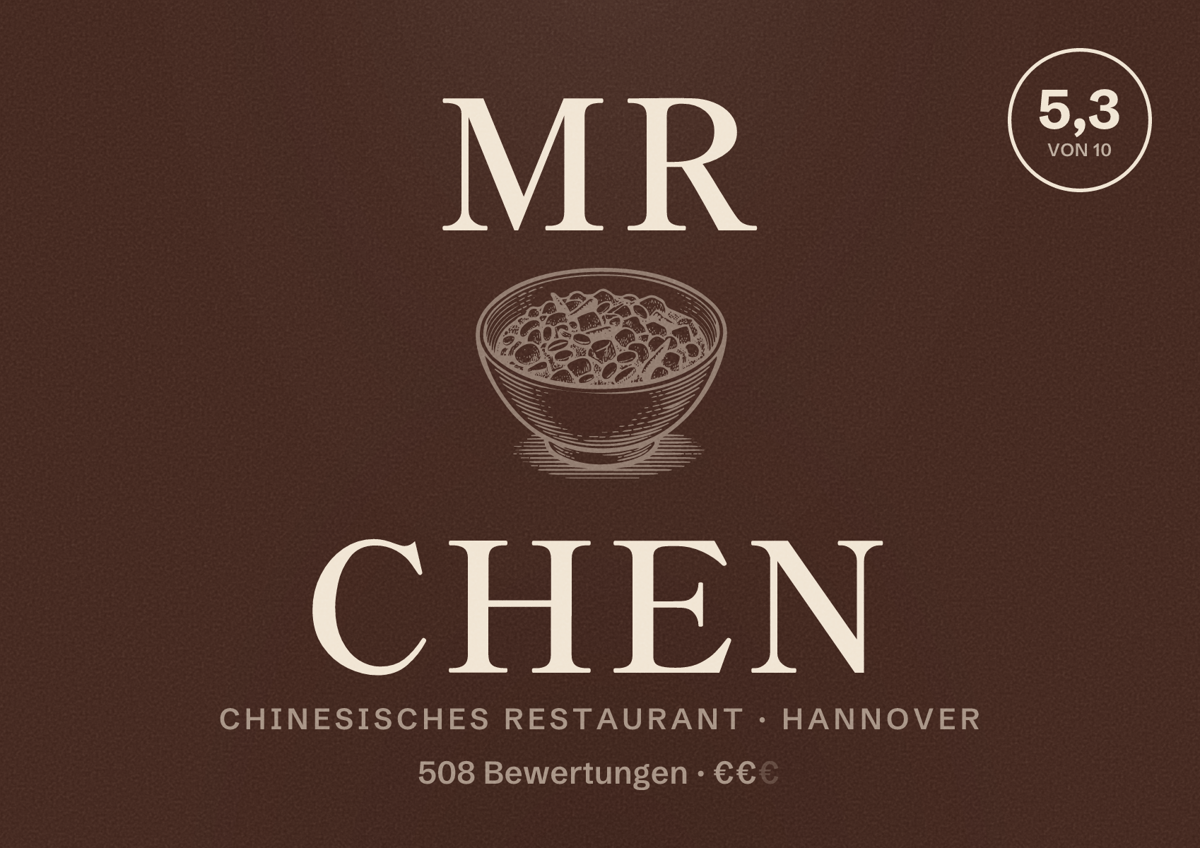 Illustriertes Poster von Mr Chen, Chinesisches Restaurant in Hannover: Bewertung 5,3 von 10 aus 508 Bewertungen, Preisniveau €€