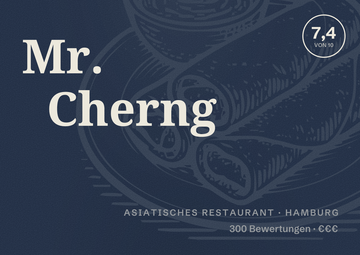 Illustriertes Poster von Mr. Cherng, Asiatisches Restaurant in Hamburg: Bewertung 7,4 von 10 aus 300 Bewertungen, Preisniveau €€€
