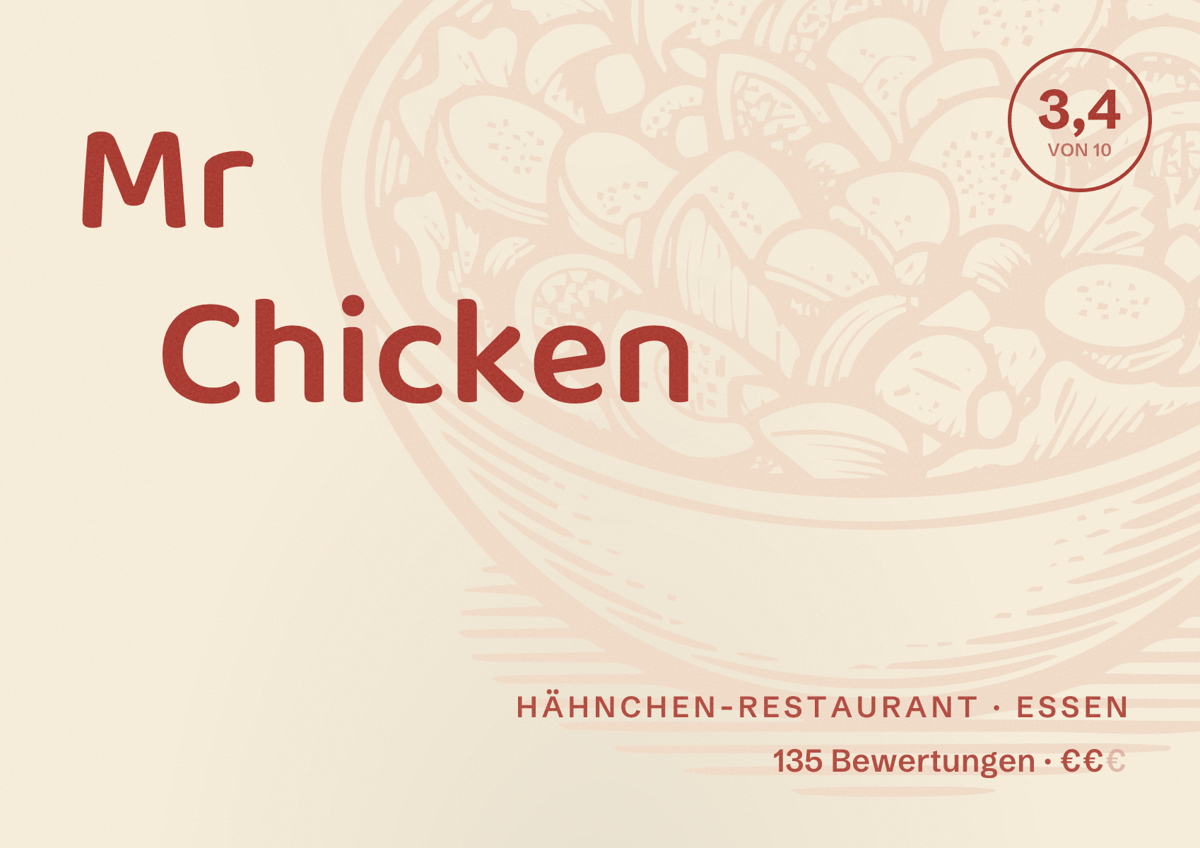 Illustriertes Poster von Mr Chicken, Hähnchen-Restaurant in Essen: Bewertung 3,4 von 10 aus 135 Bewertungen, Preisniveau €€