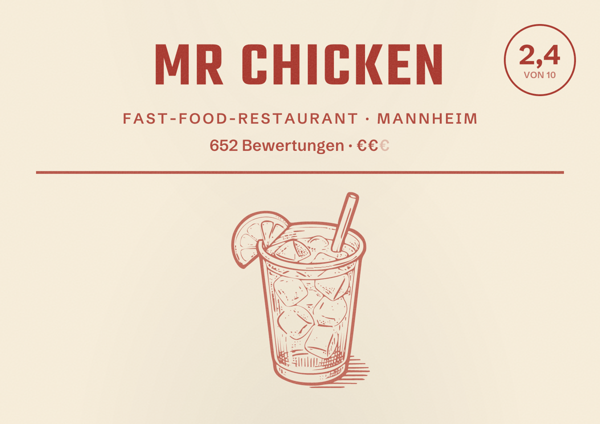 Illustriertes Poster von Mr Chicken, Fast-Food-Restaurant in Mannheim: Bewertung 2,4 von 10 aus 652 Bewertungen, Preisniveau €€