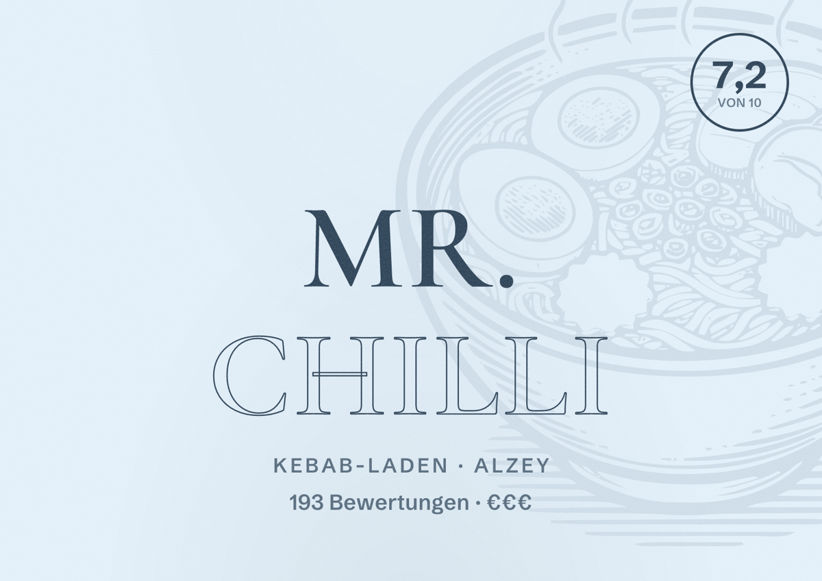 Illustriertes Poster von Mr. Chilli, Kebab-Laden in Alzey: Bewertung 7,2 von 10 aus 193 Bewertungen, Preisniveau €€€