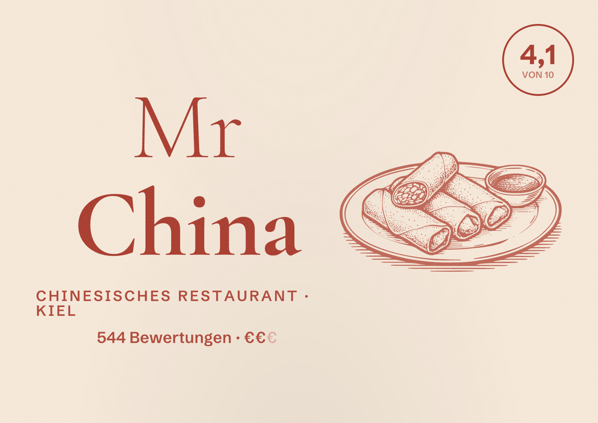 Illustriertes Poster von Mr China, Chinesisches Restaurant in Kiel: Bewertung 4,1 von 10 aus 544 Bewertungen, Preisniveau €€
