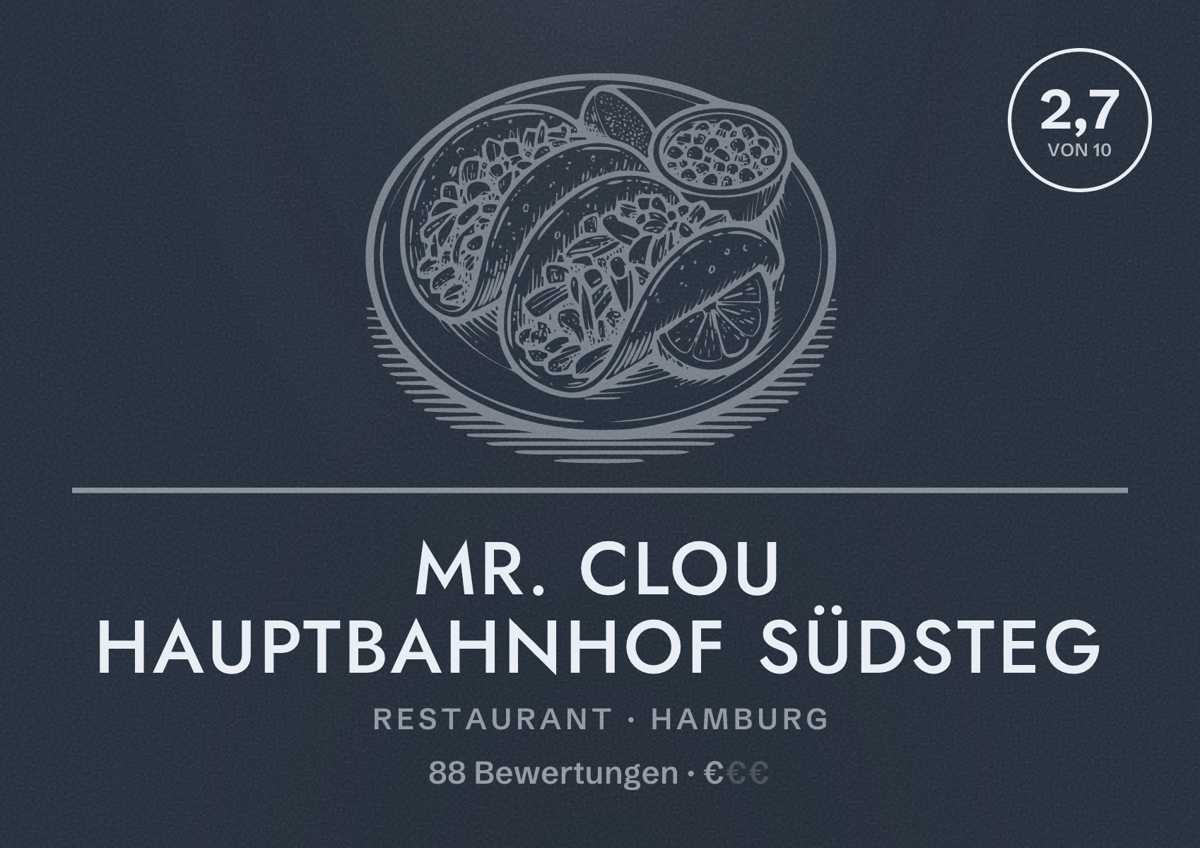 Illustriertes Poster von Mr. CLOU Hauptbahnhof Südsteg, Restaurant in Hamburg: Bewertung 2,7 von 10 aus 88 Bewertungen, Preisniveau €