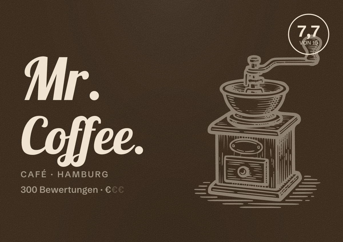 Illustriertes Poster von Mr. Coffee., Café in Hamburg: Bewertung 7,7 von 10 aus 300 Bewertungen, Preisniveau €