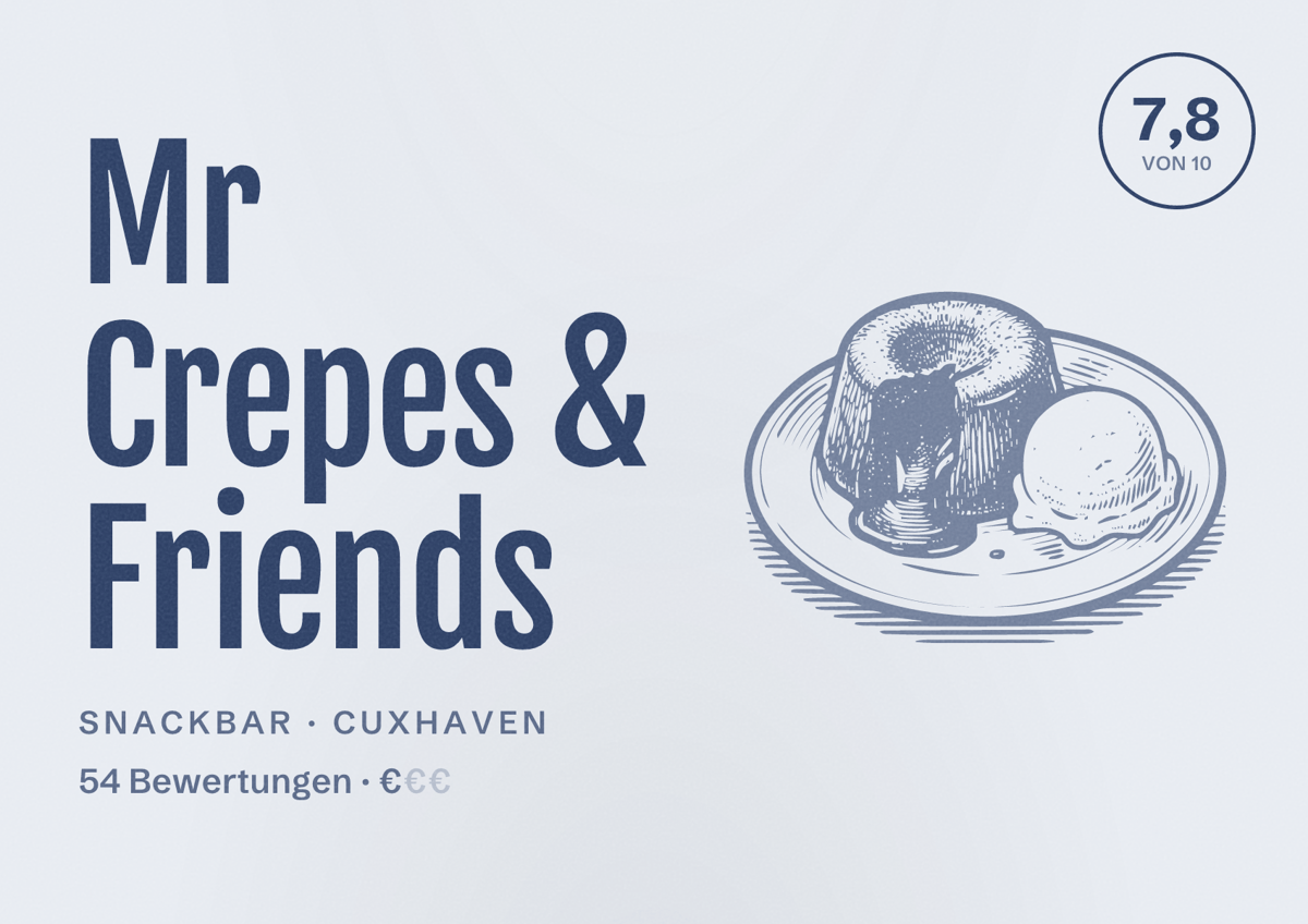 Illustriertes Poster von Mr Crepes & Friends, Snackbar in Cuxhaven: Bewertung 7,8 von 10 aus 54 Bewertungen, Preisniveau €
