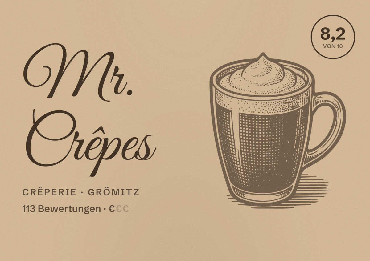 Illustriertes Poster von Mr. Crêpes, Crêperie in Grömitz: Bewertung 8,2 von 10 aus 113 Bewertungen, Preisniveau €