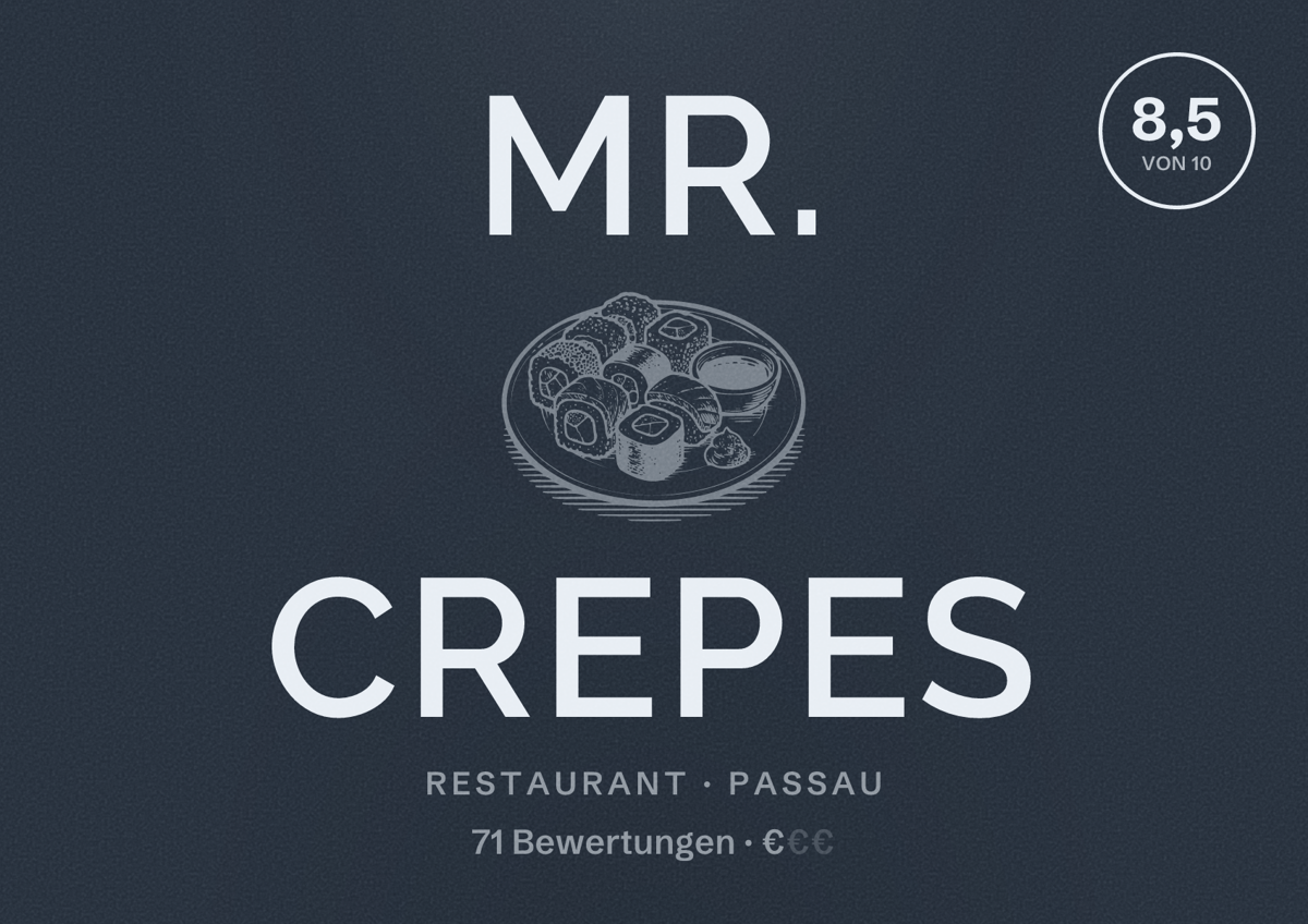 Illustriertes Poster von mr. crepes, Restaurant in Passau: Bewertung 8,5 von 10 aus 71 Bewertungen, Preisniveau €