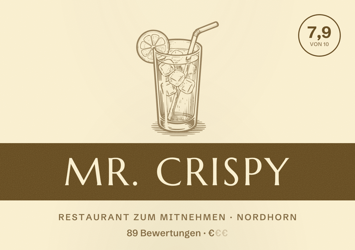 Illustriertes Poster von MR. CRISPY, Restaurant zum Mitnehmen in Nordhorn: Bewertung 7,9 von 10 aus 89 Bewertungen, Preisniveau €