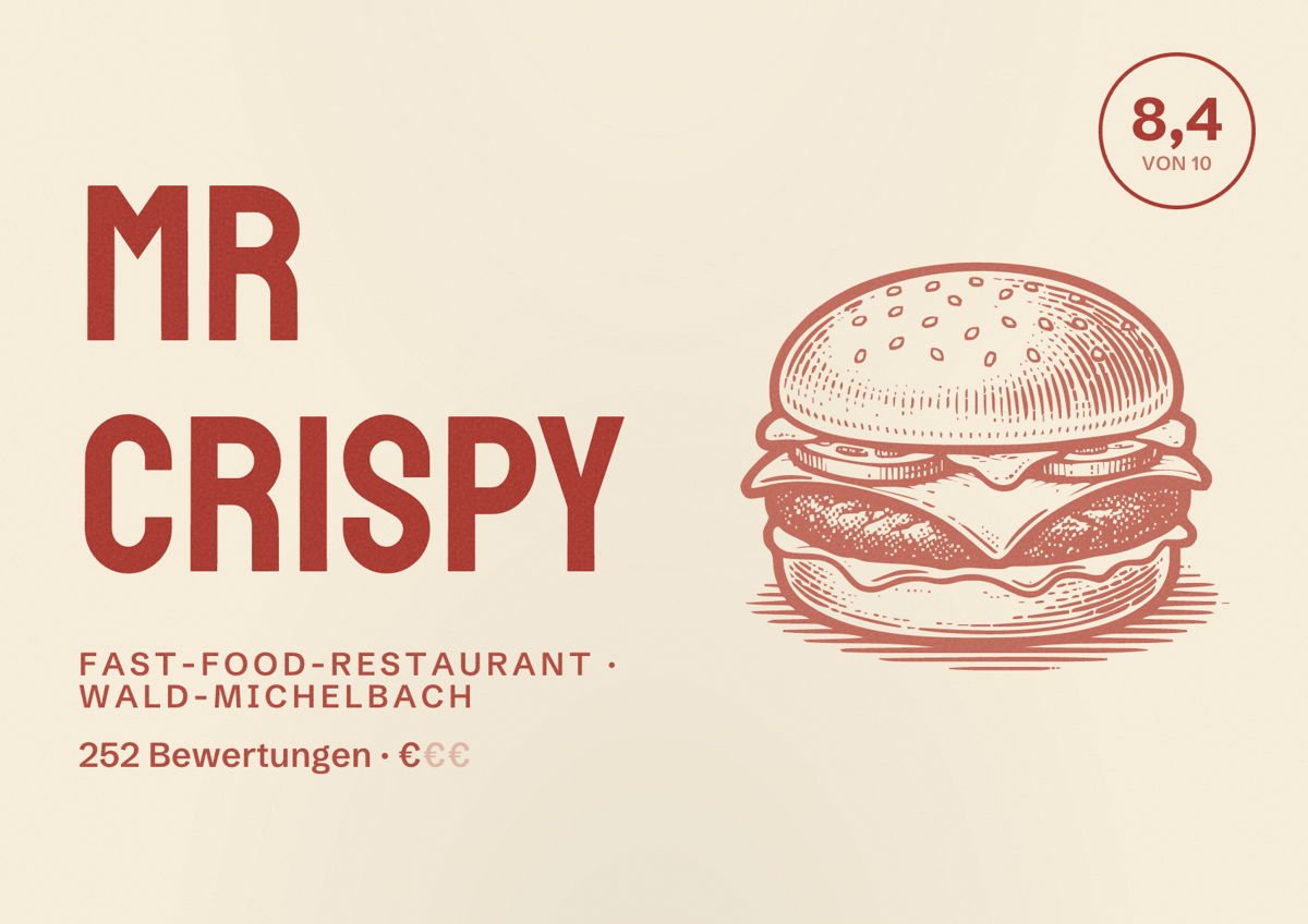 Illustriertes Poster von Mr Crispy, Fast-Food-Restaurant in Wald-Michelbach: Bewertung 8,4 von 10 aus 252 Bewertungen, Preisniveau €