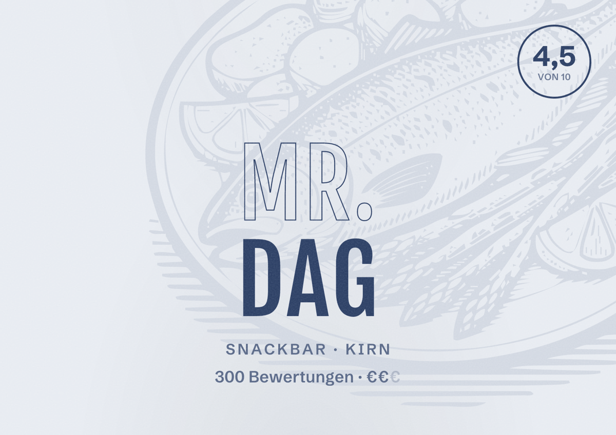 Illustriertes Poster von Mr. DAG, Snackbar in Kirn: Bewertung 4,5 von 10 aus 300 Bewertungen, Preisniveau €€