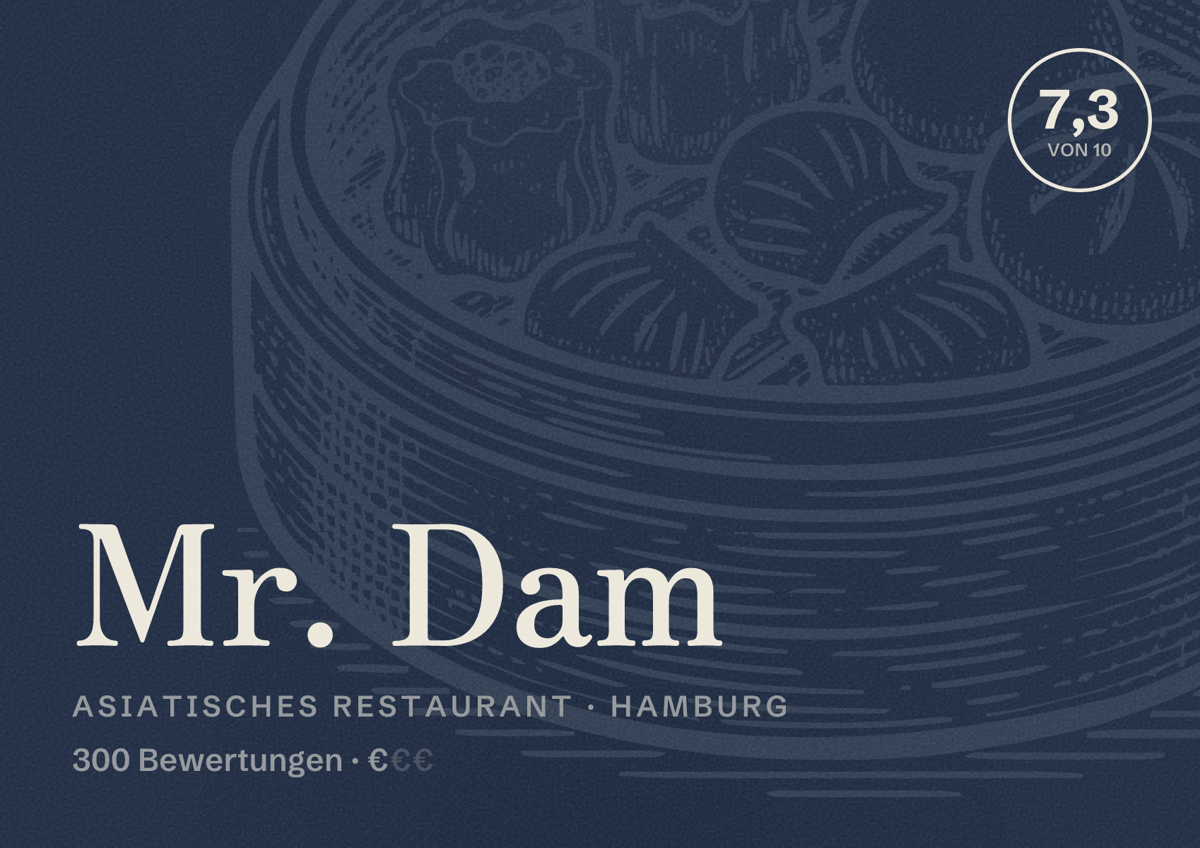 Illustriertes Poster von Mr. Dam, Asiatisches Restaurant in Hamburg: Bewertung 7,3 von 10 aus 300 Bewertungen, Preisniveau €