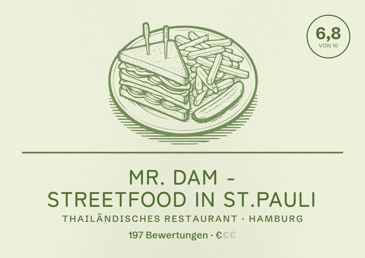 Illustriertes Poster von Mr. Dam - Streetfood in St.Pauli, Thailändisches Restaurant in Hamburg: Bewertung 6,8 von 10 aus 197 Bewertungen, Preisniveau €
